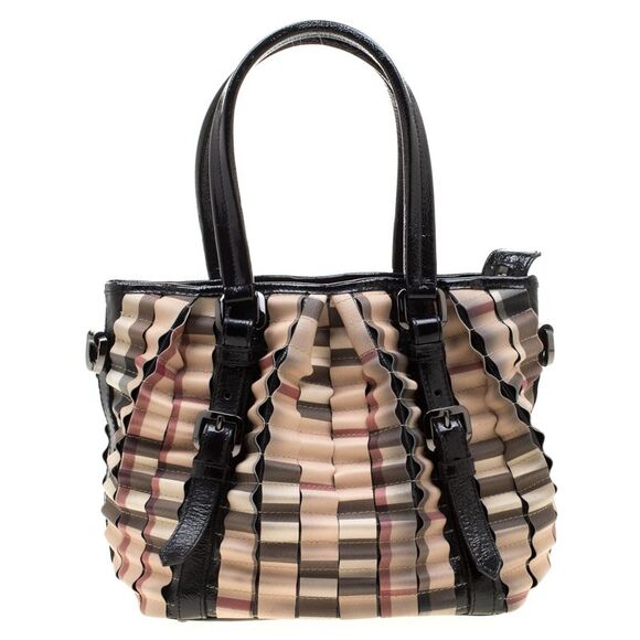 Burberry Black/Beige Nova Check PVC and Patent Leather Cartridge Pleat Tote - Picture 1 of 4
